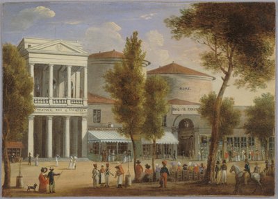 مسرح الفاريتيه وممر البانوراما، شارع مونمارتر، حوالي عام 1825، حوالي عام 1825 (زيت على بطاقة) بواسطة فنان غير معروف