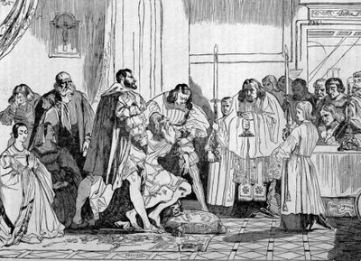 مات ليوناردو دافنشي (ليونارد دي فينشي) بين أحضان فرانسوا الأول (1494 - 1547) عام 1519 في كلوس لوس. نقش. بواسطة فنان غير معروف