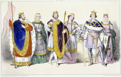 The Capkeepers: Louis VI Le Gros (1081-1137) و Adelaide of Savoy (حوالي 1100-1154) ، Louis VII Le Jeune (1120-1180) و Adele of Champagne (أو Blois) (حوالي 1140-1206) ، فيليب II dit Philippe Auguste (1165-1223) و Isabelle de Hainaut (1170-1190) - Plate fr بواسطة فنان غير معروف