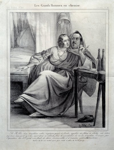 Les grands hommes en chemise تمثيل للكاتب Honore de Balzac (1799-1850) وهو يطوق امرأة شابة أثناء تدخين سيجارة. رسم توضيحي لـ E. Allet (القرن التاسع عشر) في باريس ، Maison Balzac بواسطة فنان غير معروف