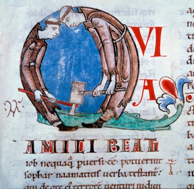 Lettrine Q”” representing the defrichant monks (monks woodcows)”” Miniature taken from the “Moralia in Job”” (or Comments from the Book of Job) of St. Gregoire I said the Great or the Dialogue (532-604), Folio 59 of Volume III, beginning of the 12th centur بواسطة فنان غير معروف
