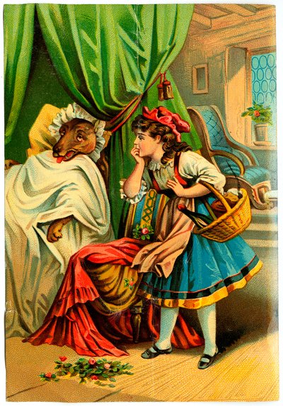 يكتشف الرداء الأحمر الذئب في سرير جدته (الطباعة الحجرية الملونة أواخر القرن التاسع عشر) بواسطة فنان غير معروف