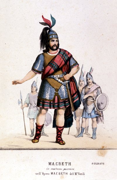 شخصية ماكبث في زي محارب في الأوبرا التي تحمل الاسم نفسه لجوزيبي فيردي (1813 - 1901) بعد عمل ويليام شكسبير. 1847. النقش. بواسطة فنان غير معروف