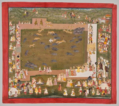 ماهارانا سانغرام سينغ الثاني ملك ميوار (حكم من 1710 إلى 1734) ويخوض رحلة صيد للخنازير مع النمور في سادري بواسطة فنان غير معروف