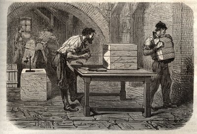 صناعة الصابون - L'industrie du Soap - تقطيع رغيف الصابون من مرسيليا إلى قضبان باستخدام الأسلاك - نقش في "Les Merveilles de l'Industrie" بواسطة Louis Figuier بواسطة فنان غير معروف