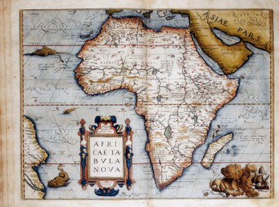 خريطة إفريقيا ، لوحة مأخوذة من "Theatrum Orbis Terrarum" لأبراهام أورتيليوس (1527-1598) 1574 بواسطة فنان غير معروف