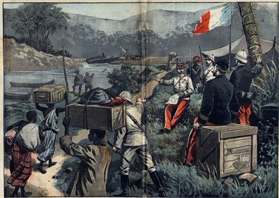 بعثة مارشاند في إفريقيا (1896-1899): الحملة الاستكشافية التي استولت على أعالي النيل في عام 1898. إطلاق البخار القابل للفك "Le Faidherbe" على نهر M'Bomou (الكونغو). هم: الملازم لارجو ، جان بابتيست مارشان (1863-1934) ، النقيب جير بواسطة فنان غير معروف