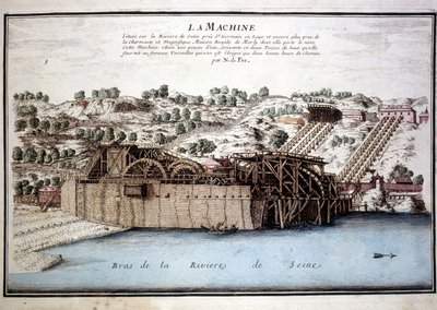 تستخدم آلة مارلي دي رينكين لنقل مياه نهر السين إلى فرساي عبر قناة مارلي المائية. نقش من 1700. بواسطة فنان غير معروف