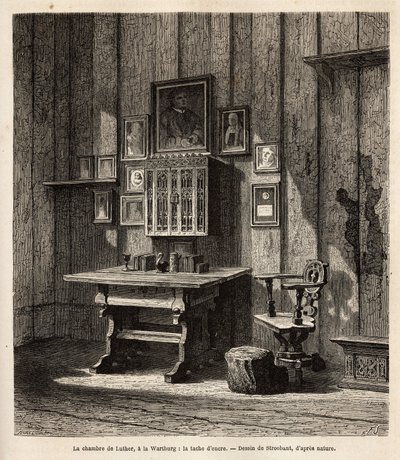 غرفة مارتن لوثر (1483-1546) في فارتبورغ حيث لجأ بعد حرمانه الكنسي عام 1521 ، مع صورته وصور والديه فوق المنضدة ، الذين ترجم تحت أعينهم الكتاب المقدس إلى الألمانية وأعاد نصوصه الأكثر شهرة. الحبر بواسطة فنان غير معروف