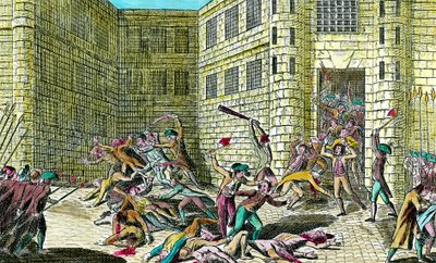 مذبحة لسجناء دير سان جيرمان على يد الشعب في سبتمبر 1792. مشهد من الثورة الفرنسية. نقش القرن الثامن عشر. مجموعة خاصة. بواسطة فنان غير معروف