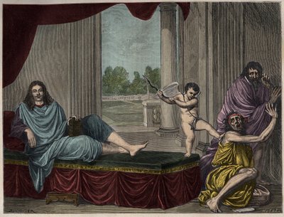 Moliere Jean Baptiste Poquelin (1622-1673) يستحضر جني الكوميديا لإسقاط الرذيلة وإلغاء النفاق - نقش بعد لوحة اختفت من القرن السابع عشر بواسطة فنان غير معروف