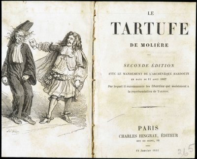 موليير يخيف الكنسي باستخدام قناع المسرح - واجهة "Tartuffe" (Tartufe) بواسطة Molière ، محرر. هينغراي ، باريس بواسطة فنان غير معروف
