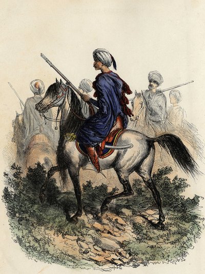 الدرك المغاربي (أو الحراس الميدانيون) المسؤولون عن الشرطة الريفية في الجزائر العاصمة ، تم تدريبهم عام 1831. في كتاب "L'Algerie ancienne et moderne" بقلم ليون غاليبرت بواسطة فنان غير معروف