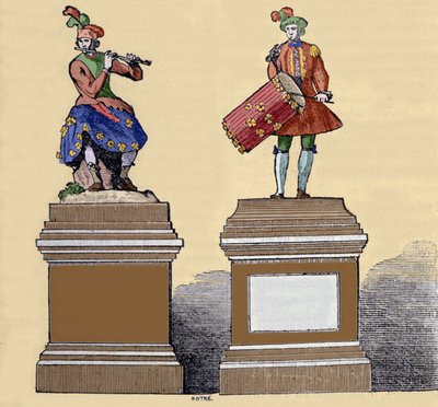 الموسيقيون الآليون: "" عازف الناي traversiere "" (1737) و "" عازف الدف "(1738). تم صنعها بواسطة المهندس الفرنسي جاك دي فوكانسون (1709-1782). بواسطة فنان غير معروف