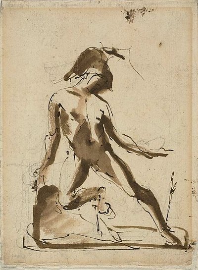تمثال أسطوري: أخيل مع جلد الأسد (وجه الصورة)؛ رسومات تخطيطية لشخصيات (ظهر الصورة) بواسطة فنان غير معروف