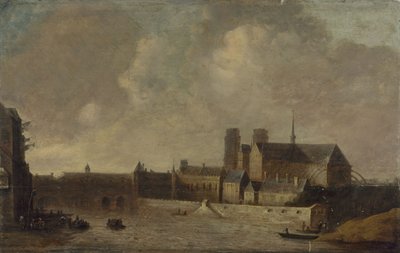 كاتدرائية نوتردام وقصر رئيس الأساقفة، من شارع كواي دو لا تورنيلي، حوالي عام 1640، الدائرة الرابعة الحالية، بين عامي 1635 و1645 (زيت على الخشب) بواسطة فنان غير معروف