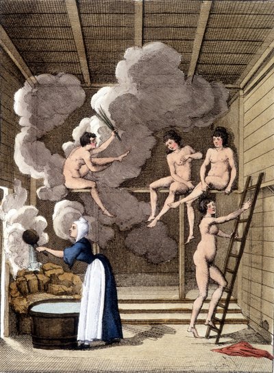 شخصيات عارية في حمام ساونا Filandan. يتضمن النقش من عام 1811 كتابًا عن الرحلة. بواسطة فنان غير معروف
