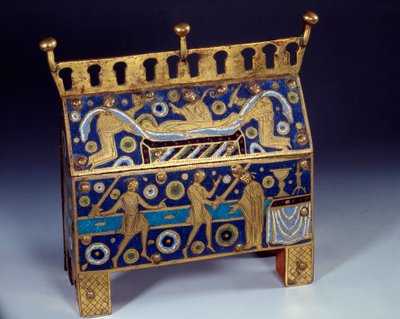 القطعة الفنية: صيد المينا والذهب والنحاس من قبل القديس توماس بيكيت (1118-1170) ، رئيس أساقفة كانتربري. إنها مزخرفة من تمثيلات اغتيال Archeveque في 29/12/1170 في كاتدرائية كانتوربيري وجنازتها. 1220 تقريبًا بواسطة فنان غير معروف