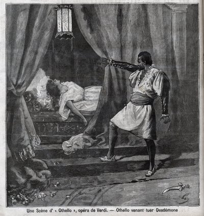 عطيل قتل للتو Desdemone في سريره. مشهد من الأوبرا "عطيل" لجوزيب فيردي (1813-1901) نقش في "" Le Parisien " بواسطة فنان غير معروف