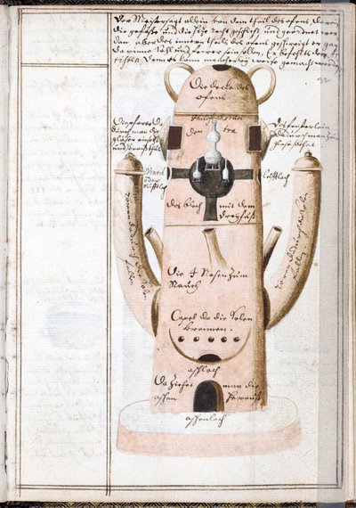 صفحة من دفتر الكيمياء ، آلة كيميائية - عمل يوهان غراشوف (جراسهوف أو جراس) (1560-1623) ، ألوان مائية على ورق برشمان (14.6 × 10 سم) ، حوالي 1620 - (دفتر كيميائي ، ألوان مائية على ورق برشمان بقلم ج. غراشوف ، ج. .1620) - جامعة ييل ، بواسطة فنان غير معروف