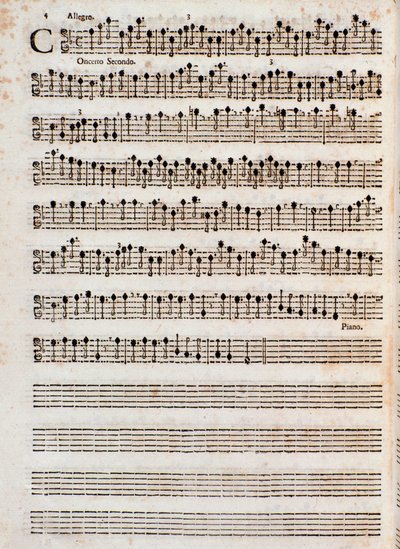 صفحة النوتة الموسيقية لـ "" Concerti a Five ، Op. 5 "" لتوماسو ألبينوني بواسطة فنان غير معروف