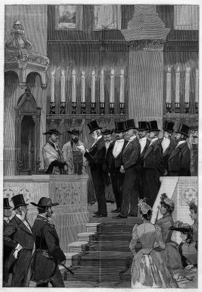 باريس 1890: تنصيب زادوك خان (زادوك خان) (1839-1905) حاخام فرنسا الأكبر. السيد ألفونس دي روتشيلد (1827-1905) يقرأ ترتيب الترشيح. بواسطة فنان غير معروف