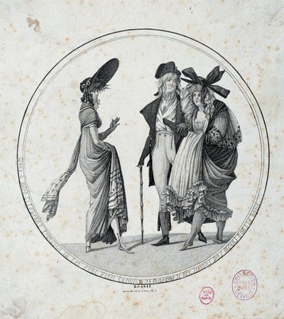 الموضة الباريسية: نقش "مذهل ورائع" من عام 1795 في باريس ، متحف كارنافالي بواسطة فنان غير معروف