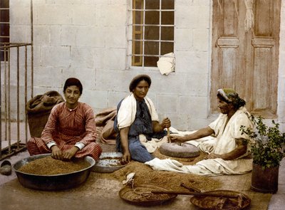 فلاحون يصبون القمح في القدس. الفوتوكروم sd. بين 1890-1900. بواسطة فنان غير معروف