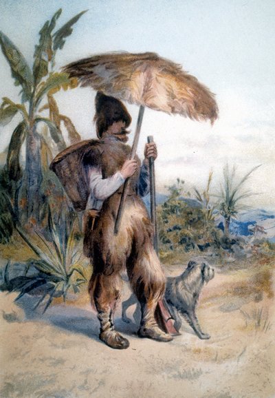 أداء روبنسون كروزوي ، شخصية الرواية التي تحمل الاسم نفسه لدانيال دي فوي أو ديفو (1660 - 1731) بواسطة فنان غير معروف