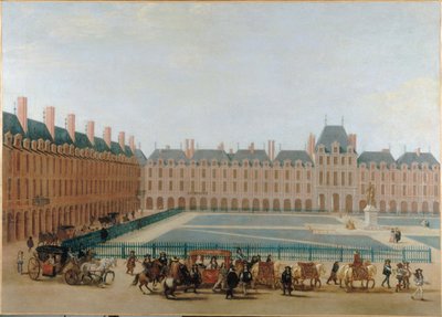 الساحة الملكية، حوالي عام 1660؛ مرور عربة الملك. ساحة دي فوج الحالية، الدائرة الرابعة، حوالي 1655 - 1665 (لوحة زيتية على قماش) بواسطة فنان غير معروف
