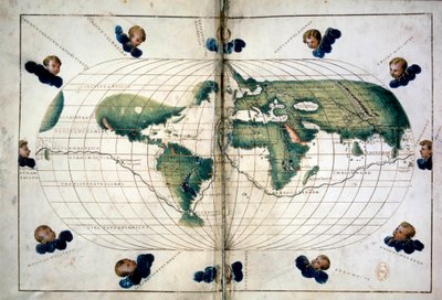 Planisphere (أو خريطة العالم). مخطط جغرافي من أطلس باتيستا أغنيسي (1500-1564) ، حوالي 1543. باريس ، بيلاروسيا بواسطة فنان غير معروف