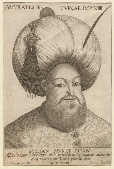 بورتريه مراد الثالث (1546-1595) ، السلطان العثماني - مراد الثالث (1546-1595) ، سلطان الدولة العثمانية - مجهول - 1593 - حفر - 18.5x12.3 - مجموعة خاصة بواسطة فنان غير معروف