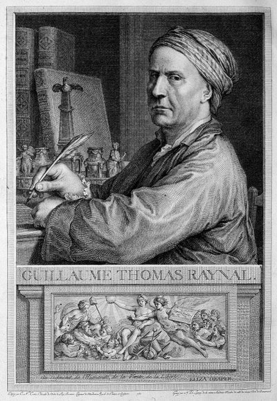 Portrait en frontispiece de Raynal - في "" التاريخ الفلسفي والسياسي للمستوطنات الأوروبية والتجارة في جزر الهند "بقلم غيوم توماس راينال. بواسطة فنان غير معروف