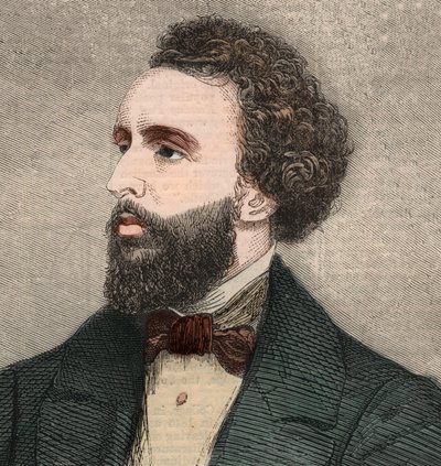 صورة للشاعر الأمريكي بايارد تايلور (1825-1878). نقش في "" أخبار لندن المصورة "بتاريخ ٢٣ يناير ١٨٥٨. بواسطة فنان غير معروف