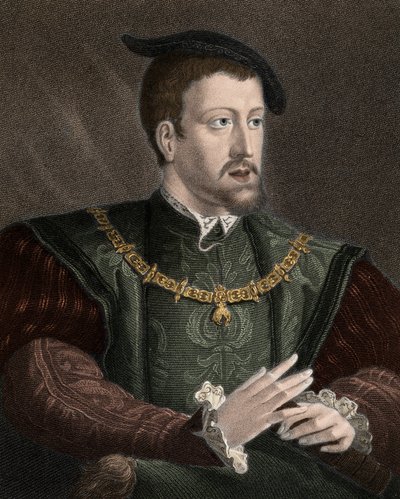 صورة للإمبراطور تشارلز الخامس (1500-1558) مع عقد وسام الصوف الذهبي - تشارلز الخامس (1500-1558) مرتديًا سلسلة وسام الصوف الذهبي حول رقبته - نقش - القرن التاسع عشر بواسطة فنان غير معروف