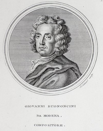 صورة للمؤلف الموسيقي الإيطالي وعازف التشيلو جيوفاني باتيستا بونونسيني (1670-1747) نقش. القرن ال 18. بولونيا ، متحف ببليوغرافي مدني بواسطة فنان غير معروف