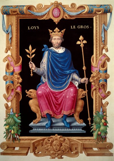 صورة لويس السادس المعروفة باسم "الجروس" (1081-1137). صورة مصغرة في "" Recueil des Kings de France "، بقلم جان دو تيليه ، حوالي 1555-1566. BN ، باريس بواسطة فنان غير معروف