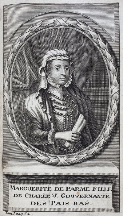 صورة لمارغريتا من بارما (أو مارغريتا النمسا) (1522-1586) ، دوقة بارما وبياتشينزا ، الابنة الطبيعية لتشارلز الخامس (1500-1558) ومربية هولندا (هولندا) من 1559-1581. نقش لتوضيح "تاريخ حرب فلوريدا بواسطة فنان غير معروف