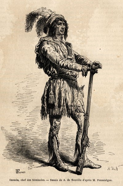 صورة لأوسيولا (1804-1838) ، زعيم السينولز ، على رأس المقاومة الهندية ضد الولايات المتحدة أثناء حرب فلوريدا (1835-1842). نقش لتوضيح القصة لمدة أربعة أشهر في فلوريدا ، بقلم أشيل بوسليج في 1851-1852 ، تم نشره بواسطة فنان غير معروف