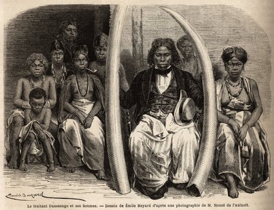صورة لرجل عاجي أفريقي تحيط بزوجاته. رسم بواسطة إميل بايارد (1837-1891) ، لتوضيح رحلة الدكتور غريفون دو بيلاي إلى الغابون ، في 1861-1864. نقش في "" Le Tour du monde "، تحرير إدوارد شارتون بواسطة فنان غير معروف