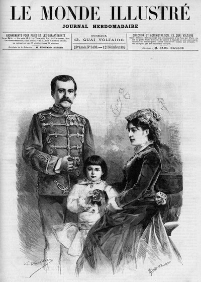 صورة لملك صربيا ميلان الأول (ميلان أوبرينوفيتش) (1854-1901) ، وهي محاطة بالملكة ناتالي ووريثها للعرش الأمير ألكسندر ، في "العالم المصور 1885". بواسطة فنان غير معروف