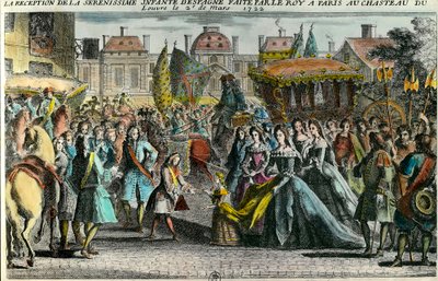 استقبال الملك لويس الخامس عشر للوالدة الإسبانية ماري آن فيكتوار (1718-1781) في باريس بمتحف اللوفر في 2 مارس 1722. كانت ماريانا فيكتوريا دي بوربون مخطوبة في سن 3 إلى لويس الخامس عشر في سن 11. القرن الثامن عشر. مجموعة خاصة بواسطة فنان غير معروف