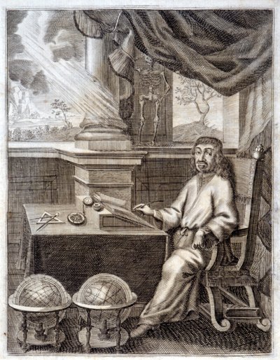 رينيه ديكارت (1596 - 1650) في مكتبه بمعدات علمية. نقش من القرن السابع عشر. بواسطة فنان غير معروف
