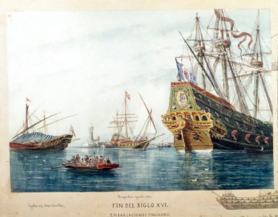 Representation of Italian ships, galeres, brigantine of the16th century (Watercolour بواسطة فنان غير معروف