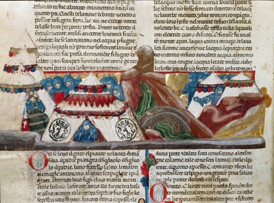 تمثيل جول سيزار (101-44 قبل الميلاد) جالسًا بالقرب من معسكره العسكري تفاصيل صفحة مخطوطة "" حقائق عن الرومان "" (Ms 1538 ، صفحة 24v) حوالي 1340 فلورنسا ، مكتبة ريكارديانا بواسطة فنان غير معروف