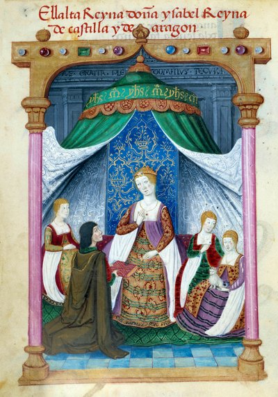 تمثيل للملكة إيزابيلا ملكة البرتغال إيزابيلا ملكة أراغون (1271-1336) محاطة برفاقها وبيدرو ماركويلو الذي يقدم لها كتابها. صفحة مخطوطة مأخوذة من "" مجموعة تفاني الملكة جوان ذا فول (1479-1555) ملكة إسبانيا "" بقلم بواسطة فنان غير معروف