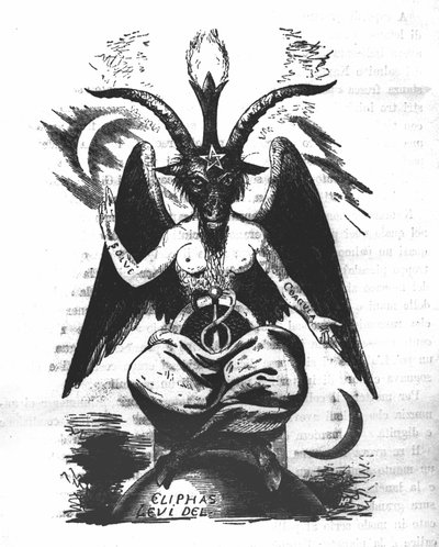 تمثيل Baphomet: وحش برأس ماعز وجسم امرأة مع اقتباسات كيميائية على الذراعين "حل" و "coagula" ، نفضي بين الساقين ونجمة خماسية على الجبهة. شيطان إليفاس ليفي (ألفونس لويس (ألفونس لو بواسطة فنان غير معروف