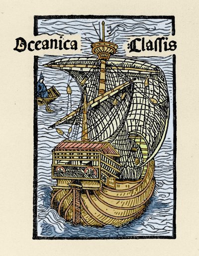 تمثيل كارافيل سانتا ماريا بواسطة كريستوفر كولومبوس (1451-1506). نقش من "De insulis in mare Indico super Inventis" ، بايل 1493-1494 (الترجمة اللاتينية لتقرير كولومبوس إلى ملك إسبانيا). بواسطة فنان غير معروف