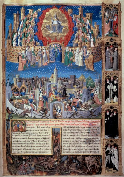 Representation of the city of God (celeste) and the city of men (earthly) Miniature taken from “” De civitate dei”” (The city of God) by Saint Augustine of Hippo (354-430), translated by Raoul de Presles around 1480. Macon Municipal Library بواسطة فنان غير معروف