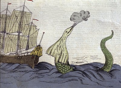 تمثيل لثعبان البحر شاهده المبشر النرويجي هانز إيجي (1686-1758) أثناء رحلته إلى جرينلاند. نقش القرن الثامن عشر بواسطة فنان غير معروف